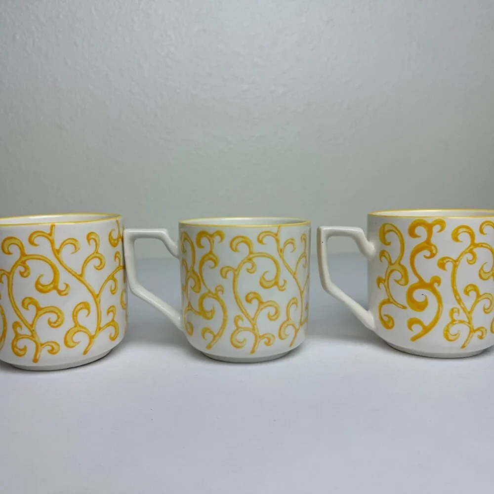 Pier 1 Imports Porcelain Coffee Cup Mug Yellow Pattern Set of 3
